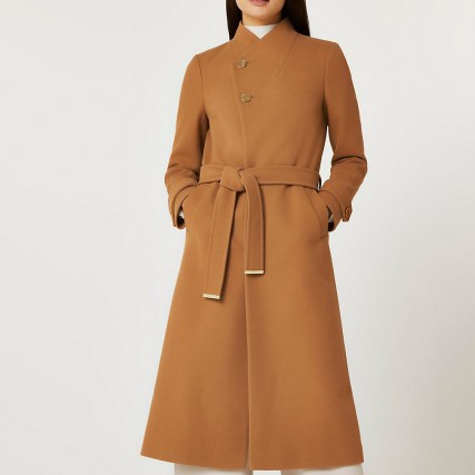 RIVER ISLAND Brown belted wrap coat ~ womens tie waist wrap coats ~ women’s chic winter outerwear - flipped