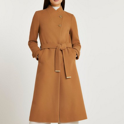 RIVER ISLAND Brown belted wrap coat ~ womens tie waist wrap coats ~ women’s chic winter outerwear