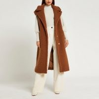 RIVER ISLAND Brown faux fur gilet ~ longline textured gilets ~ womens sleeveless coats ~ women’s autumn outerwear