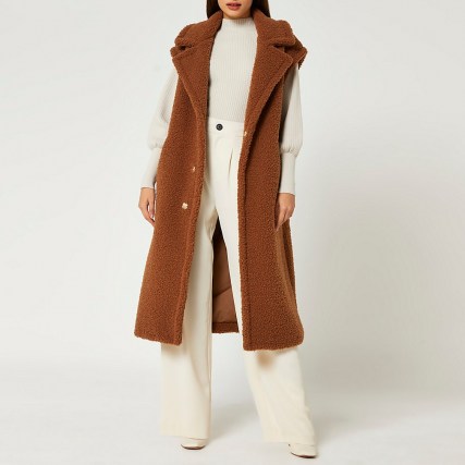 RIVER ISLAND Brown faux fur gilet ~ longline textured gilets ~ womens sleeveless coats ~ women’s autumn outerwear - flipped