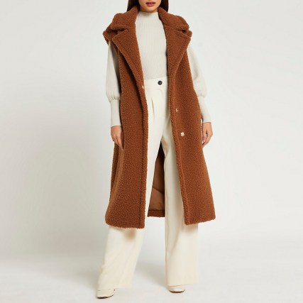RIVER ISLAND Brown faux fur gilet ~ longline textured gilets ~ womens sleeveless coats ~ women’s autumn outerwear