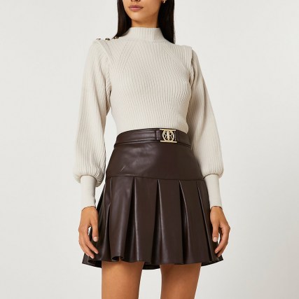 River Island Brown faux leather pleated mini skirt | luxe style tennis skirts - flipped