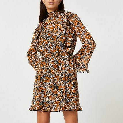 RIVER ISLAND Brown floral print waisted ruffle dress / frill trimmed high neck dresses - flipped