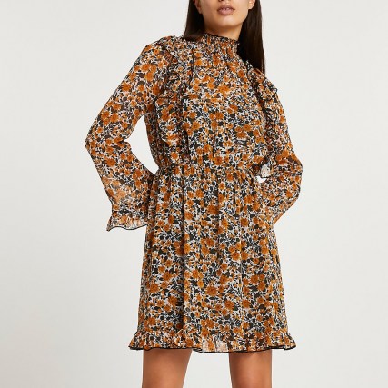 RIVER ISLAND Brown floral print waisted ruffle dress / frill trimmed high neck dresses