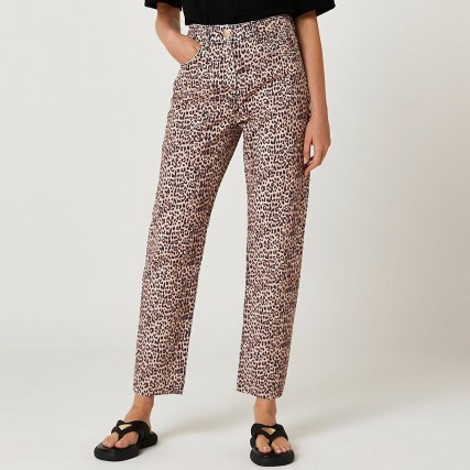 River Island Brown high waisted straight jeans | womens animal print denim | leopard prints - flipped