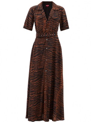STAUD Millie zebra-print maxi shirt dress – brown and black short sleeve animal stripe print dresses - flipped