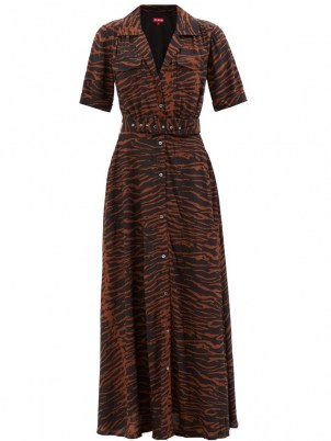 STAUD Millie zebra-print maxi shirt dress – brown and black short sleeve animal stripe print dresses
