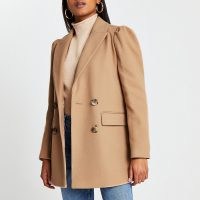 RIVER ISLAND Brown puff sleeve blazer ~ womens neutral double breasted blazers ~ women’s fashionable jackets