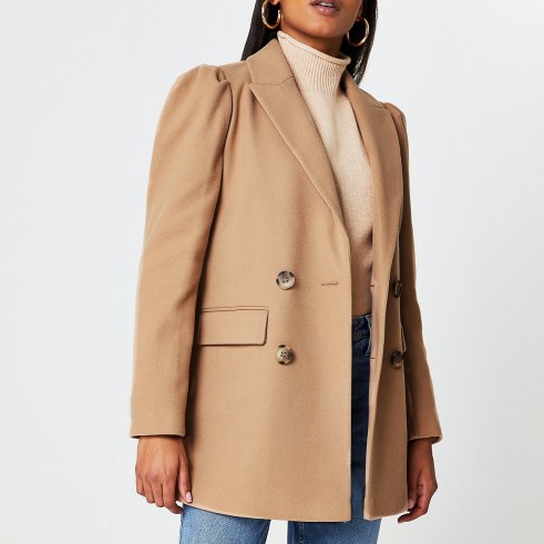 RIVER ISLAND Brown puff sleeve blazer ~ womens neutral double breasted blazers ~ women’s fashionable jackets - flipped