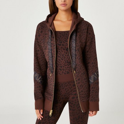 River Island Brown RI Active leopard print zip hoodie – womens front zipper logo print hoodies - flipped