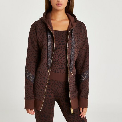 River Island Brown RI Active leopard print zip hoodie – womens front zipper logo print hoodies