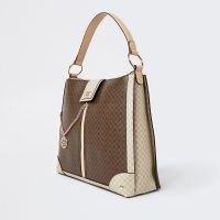 RIVER ISLAND Brown RI branded oversized shoulder bag ~ monogram print chain detail handbag ~ logo fashion bags