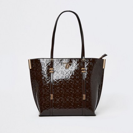 RIVER ISLAND Brown RI monogram embossed shopper bag ~ shiny patent shoppers ~ logo shoulder bags