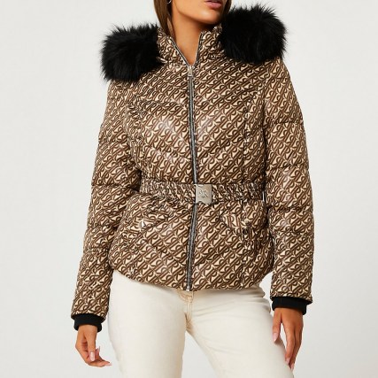 RIVER ISLAND Brown RI monogrammed belted puffer coat ~ womens luxe style faux fur hood jackets ~ women’s casual logo print winter coats - flipped