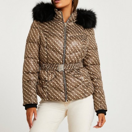 RIVER ISLAND Brown RI monogrammed belted puffer coat ~ womens luxe style faux fur hood jackets ~ women’s casual logo print winter coats