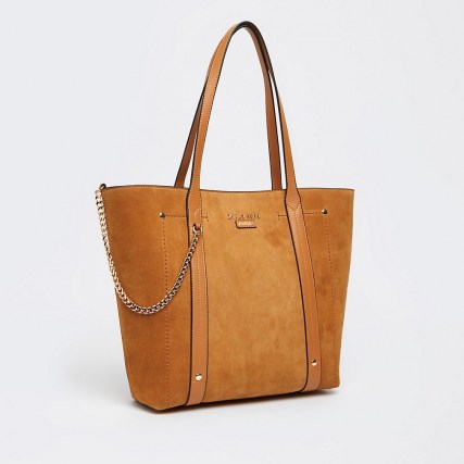 RIVER ISLAND Brown suede shopper bag ~ chic neutral chain detail shoppers - flipped