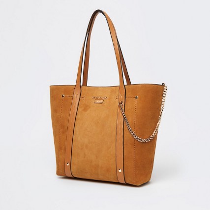 RIVER ISLAND Brown suede shopper bag ~ chic neutral chain detail shoppers
