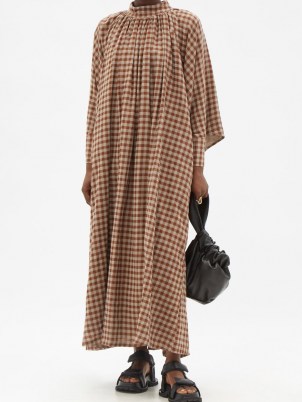 TOOGOOD The Falconer wool-blend gingham dress / brown checked relaxed fit high neck dresses / wide sleeves with buttoned cuffs / flowing maxi style - flipped