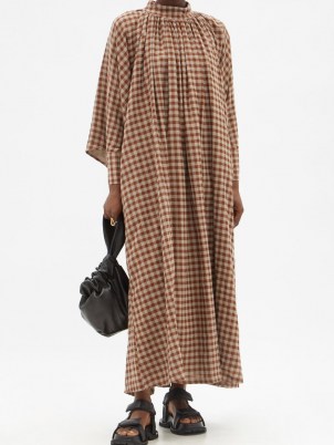 TOOGOOD The Falconer wool-blend gingham dress / brown checked relaxed fit high neck dresses / wide sleeves with buttoned cuffs / flowing maxi style