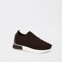 RIVER ISLAND Brown zip front knitted trainers