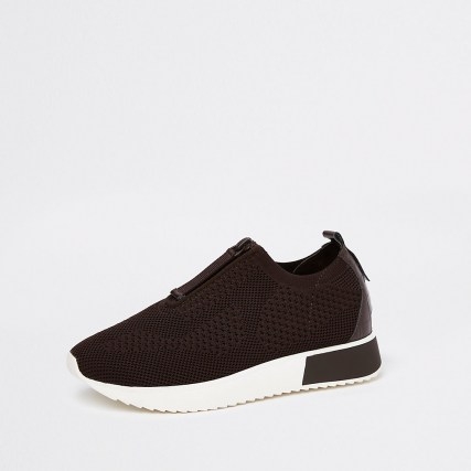 RIVER ISLAND Brown zip front knitted trainers - flipped