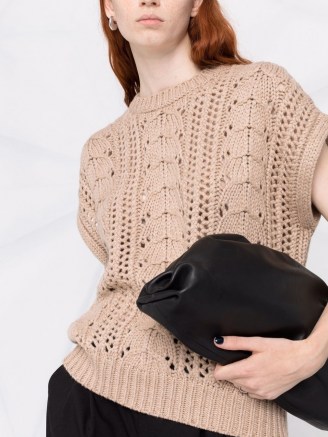 Brunello Cucinelli pointelle-knit sleeveless vest in oatmeal beige – womens designer tank tops – women’s cashmere blend vests - flipped