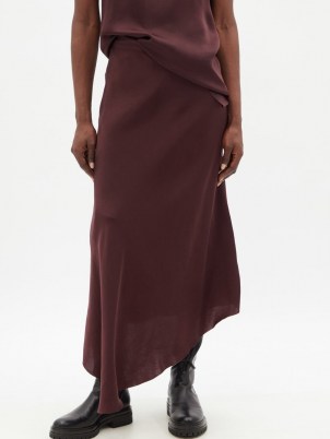 RAEY Fluid dip-hem midi skirt in burgundy ~ dip hem skirts ~ womens minimalist fashion - flipped