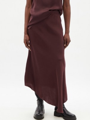 RAEY Fluid dip-hem midi skirt in burgundy ~ dip hem skirts ~ womens minimalist fashion