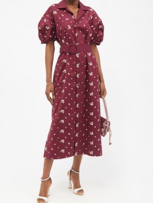 ERDEM Frederick burgundy floral-embroidered cotton-blend dress / ladylike puff sleeve dresses / womens vintage style fashion / feminine outfits - flipped