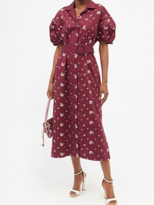 ERDEM Frederick burgundy floral-embroidered cotton-blend dress / ladylike puff sleeve dresses / womens vintage style fashion / feminine outfits