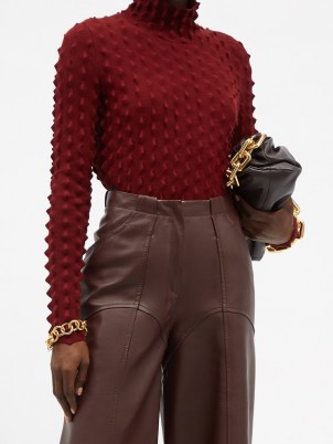 STELLA MCCARTNEY Spiked-knit high-neck sweater in burgundy | dark red textured scalloped edge sweaters