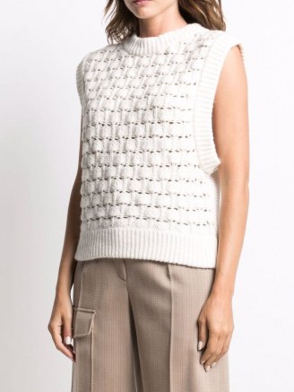 byTiMo cotton-blend knit vest – white knit tile-detail tank tops – womens knitted tanks – women’s sleeveless sweater vests - flipped