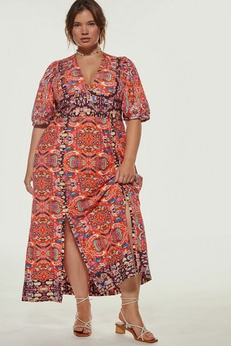 Anthropologie Floral Maxi Dress Red Motif – printed puff sleeve V-neck dresses – feminine plus sized fashion - flipped