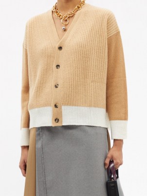 MARNI Contrasting ribbed cashmere cardigan in camel / chic colour block cardigans / neutral knitwear - flipped