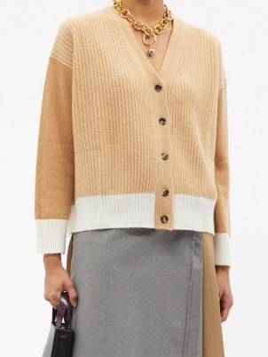 MARNI Contrasting ribbed cashmere cardigan in camel / chic colour block cardigans / neutral knitwear