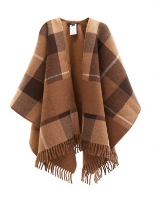 WEEKEND MAX MARA Maestre cape in camel ~ tonal brown fringed capes ~ womens checked autumn outerwear - flipped