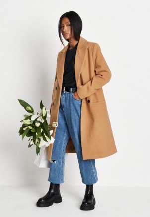 MISSGUIDED camel slim double breasted longline formal coat ~ light brown coats ~ womens fashionable autumn outerwear - flipped