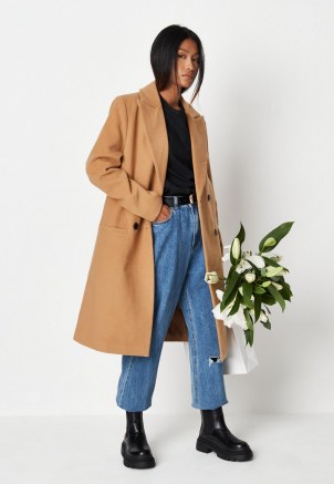 MISSGUIDED camel slim double breasted longline formal coat ~ light brown coats ~ womens fashionable autumn outerwear