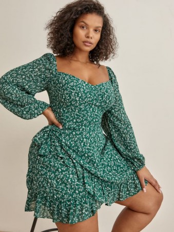 REFORMATION Cammi Dress Es in Parsley ~ feminine ruffle trim plus size dresses ~ green floral fashion - flipped