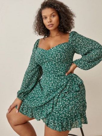 REFORMATION Cammi Dress Es in Parsley ~ feminine ruffle trim plus size dresses ~ green floral fashion