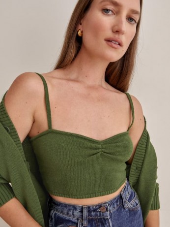 Reformation Capello Cotton Tank And Cardi Set in Olive | cute cardigan sets | green knitted strappy tops and cardigans | womens on trend lounge co ords | women’s fashionable loungewear | chic knitwear - flipped