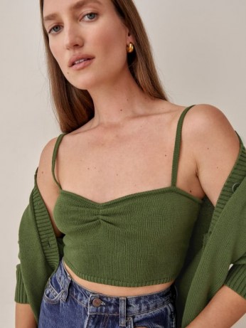 Reformation Capello Cotton Tank And Cardi Set in Olive | cute cardigan sets | green knitted strappy tops and cardigans | womens on trend lounge co ords | women’s fashionable loungewear | chic knitwear