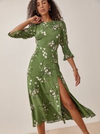Reformation Carolena Dress in Lomita – green floral split hem dresses – beautiful feminine looks