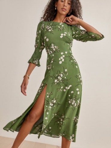 Reformation Carolena Dress in Lomita – green floral split hem dresses – beautiful feminine looks - flipped