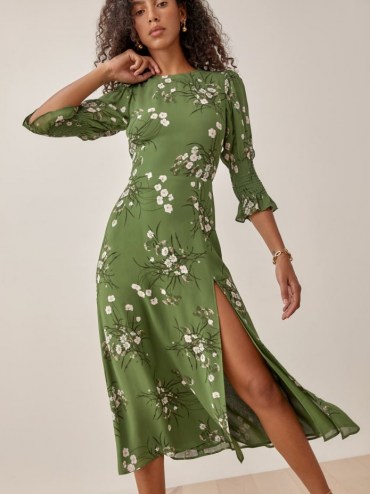 Reformation Carolena Dress in Lomita – green floral split hem dresses – beautiful feminine looks