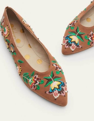 Boden Catriona Ballerinas Tan Embroidered / light brown beaded ballerina pumps / floral pointed toe ballet flats / womens embellished flat shoes