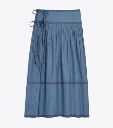 TORY BURCH CHAMBRAY TIERED SKIRT ~ lightweight denim wrap skirts - flipped