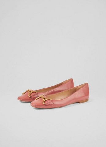 L.K. Bennett CHARLOTTE PINK LEATHER SNAFFLE-DETAIL FLATS | luxe square toe ballerinas | square toe pumps | womens chic flat shoes - flipped