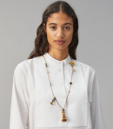 TORY BURCH CHARM LONG NECKLACE – modern bohemian jewellery – longline tasseled boho necklaces with charms
