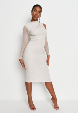 MISSGUIDED cream cold shoulder ruched mesh midi dress – semi sheer long sleeve bodycon dresses - flipped